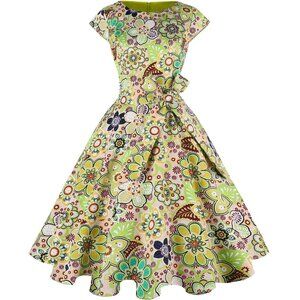 Women's 1950 Boatneck Cap Sleeve Vintage Swing Cocktail Party Dress with Pockets